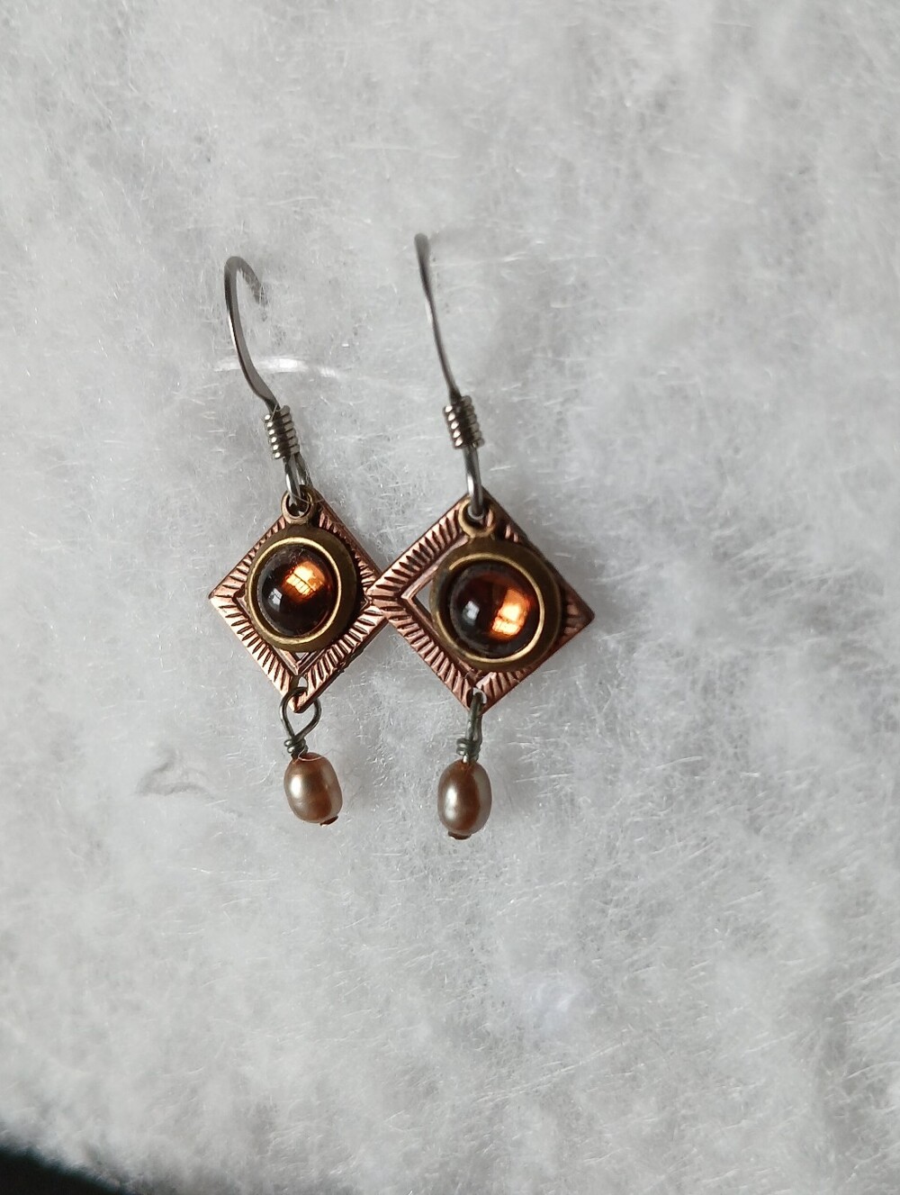 Mixed Metal Amber-Color Cabochon And Pearl Earrings